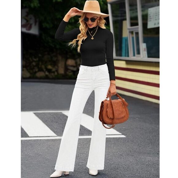 Womens White High Waisted Wide Leg Baggy Denim Flare Pants - Picture 6 of 7